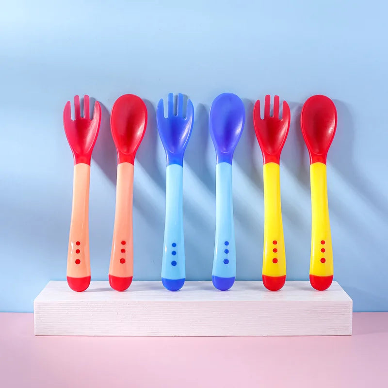 Baby Silicon Spoon Baby Safety Temperature Sensing Kids Children Flatware Feeding Spoons and Fork