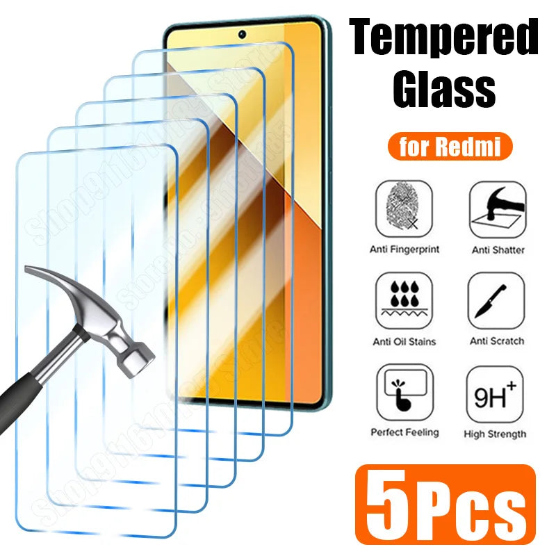 5PCS Tempered Glass for Redmi Note 13 12 11 10 9 8 7 Pro Plus 5G 12S 11S 10S 9S Protective Glass for Redmi 12C 10C 9C 9T 9A 9AT