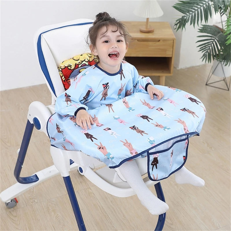 Feeding Bib for Baby Boys Girl 6M-4Y Waterproof Bib Apron Smock with Table Cover Infant Mess-Free Kid Full Coverage Bib X90C