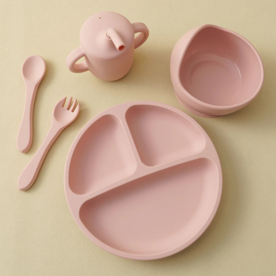 5PCS Baby Silicone Tableware Set Suction Bowl Plate Soft Utensils Sippy Cup Baby Stuff Feeding Training Sets For Baby